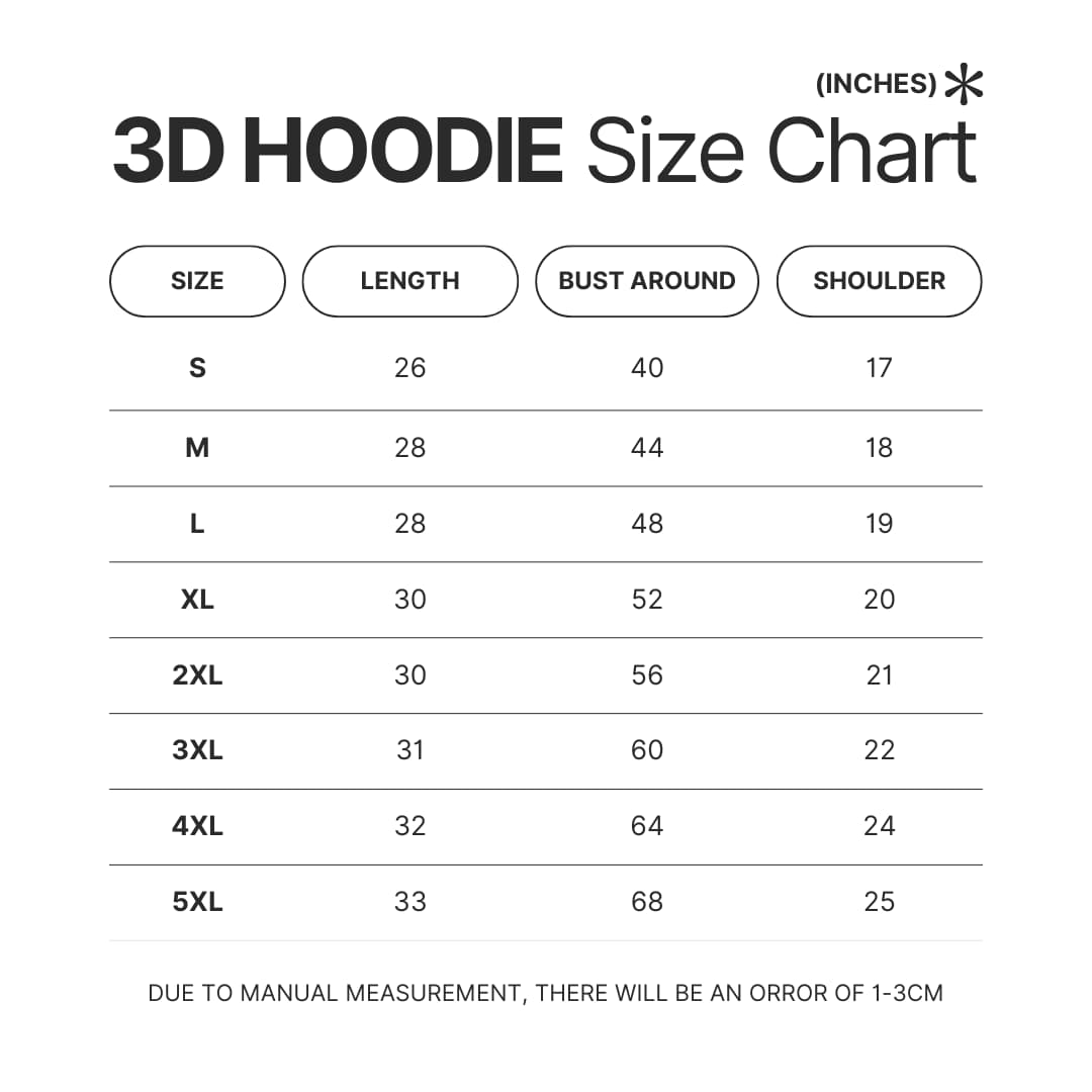 3D Hoodie Size Chart - Boku no Pico Store